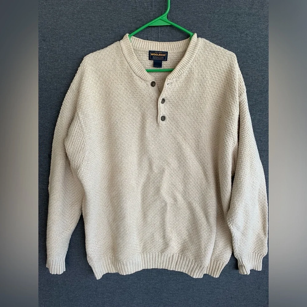 Vintage 80s 90s Woolrich Button Henley British Tan Sweater Mens